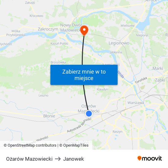 Ożarów Mazowiecki to Janowek map