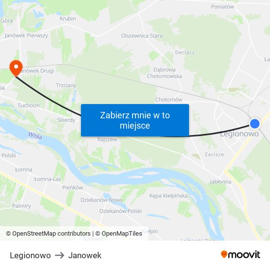 Legionowo to Janowek map