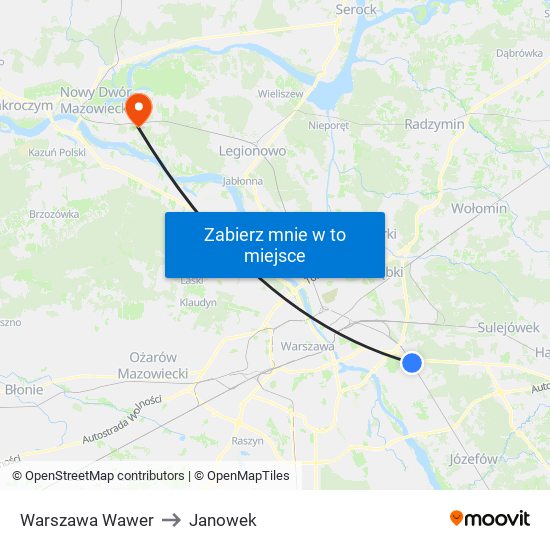 Warszawa Wawer to Janowek map