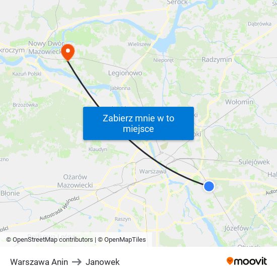 Warszawa Anin to Janowek map