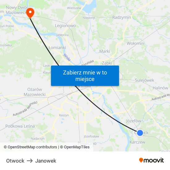 Otwock to Janowek map