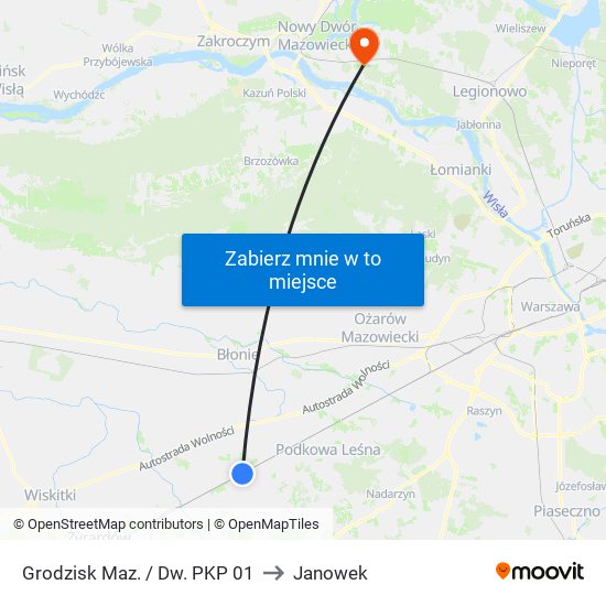 Grodzisk Maz. / Dw. PKP to Janowek map