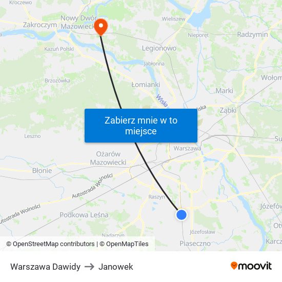 Warszawa Dawidy to Janowek map