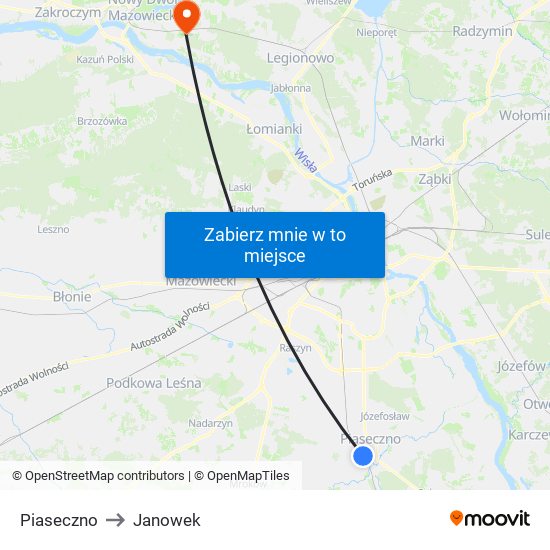 Piaseczno to Janowek map