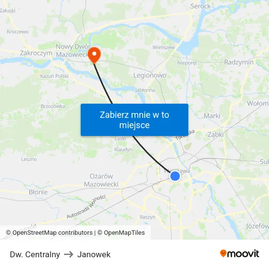 Dw. Centralny to Janowek map
