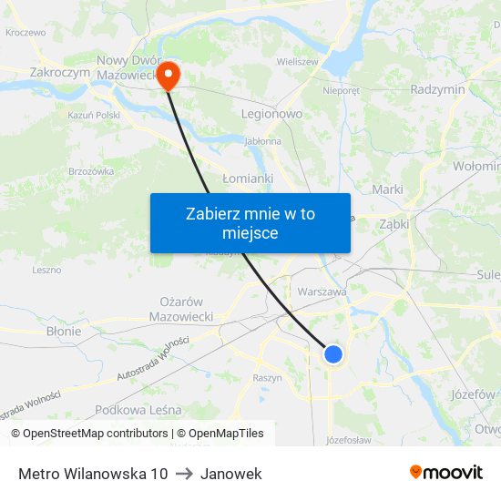 Metro Wilanowska 10 to Janowek map