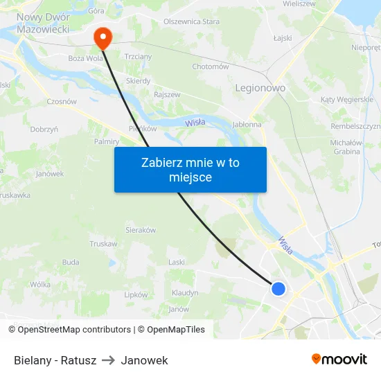 Bielany - Ratusz to Janowek map