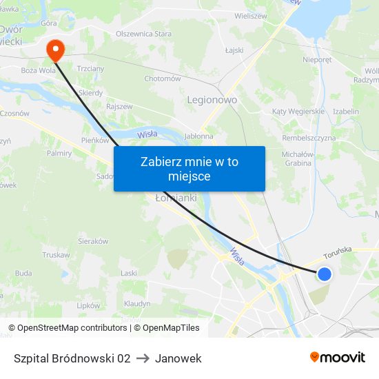 Szpital Bródnowski to Janowek map