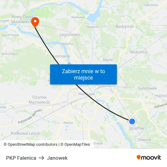 PKP Falenica to Janowek map