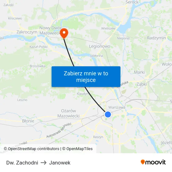 Dw. Zachodni to Janowek map