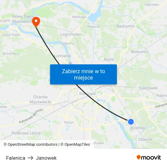 Falenica to Janowek map