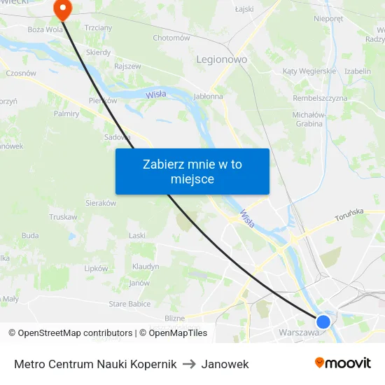Metro Centrum Nauki Kopernik to Janowek map