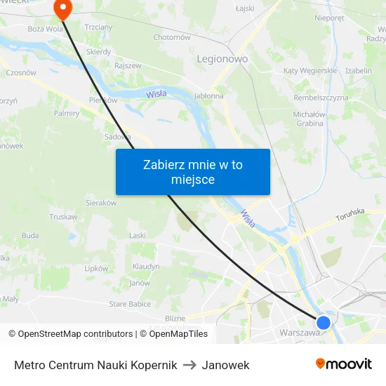Metro Centrum Nauki Kopernik to Janowek map