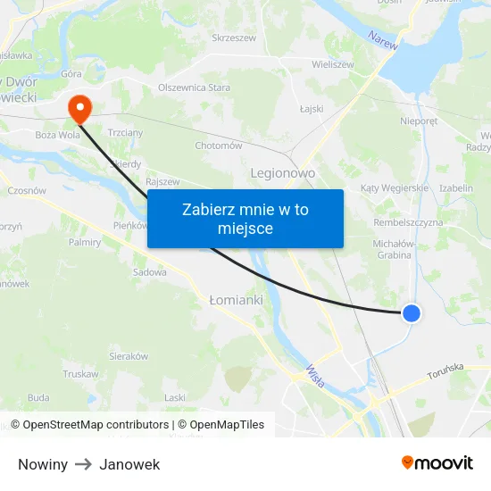 Nowiny to Janowek map
