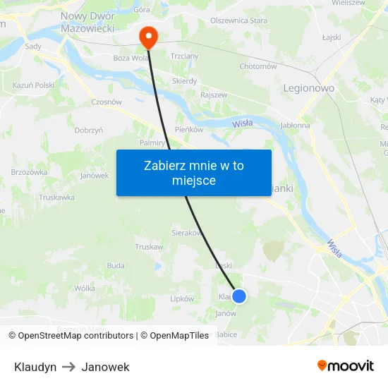 Klaudyn to Janowek map