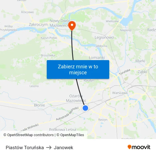 Piastów Toruńska to Janowek map