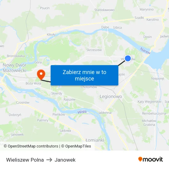 Wieliszew Polna to Janowek map
