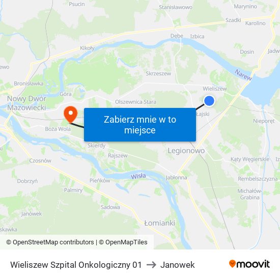 Wieliszew Szpital Onkologiczny to Janowek map