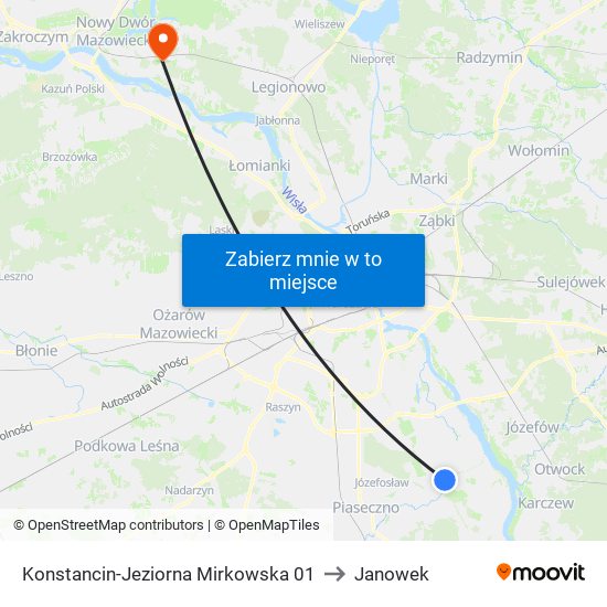 Konstancin-Jeziorna Mirkowska 01 to Janowek map