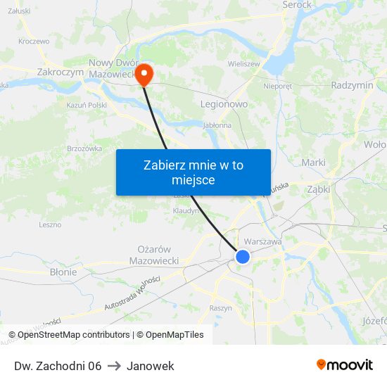 Dw. Zachodni to Janowek map