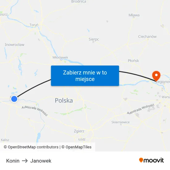 Konin to Janowek map