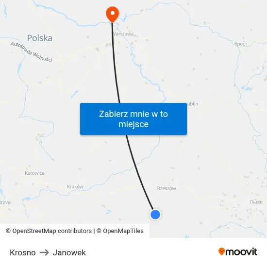 Krosno to Janowek map
