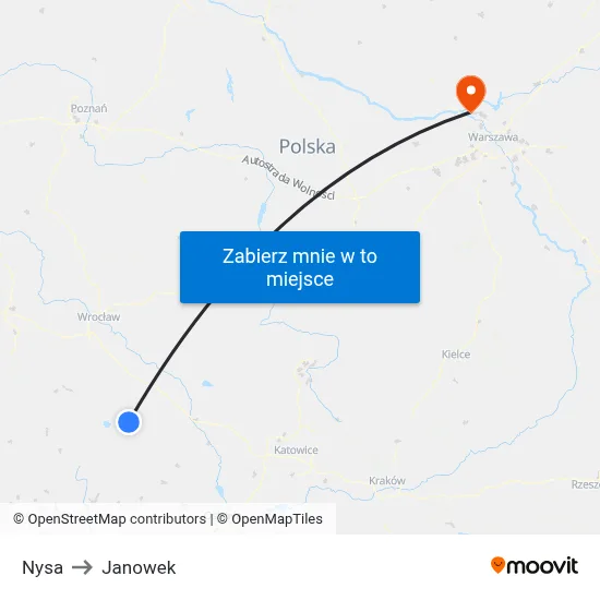 Nysa to Janowek map