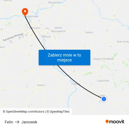Felin to Janowek map