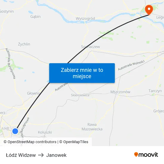 Łódź Widzew to Janowek map