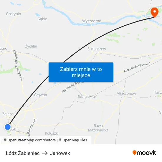 Łódź Żabieniec to Janowek map