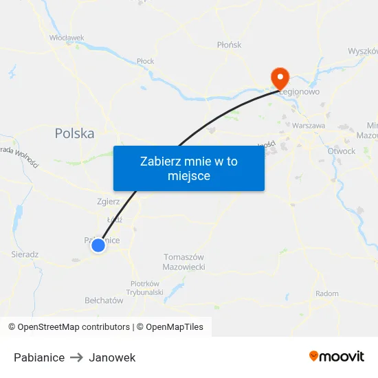 Pabianice to Janowek map
