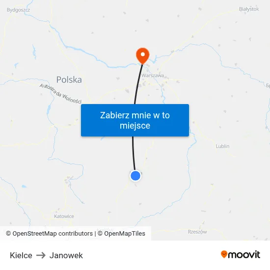 Kielce to Janowek map