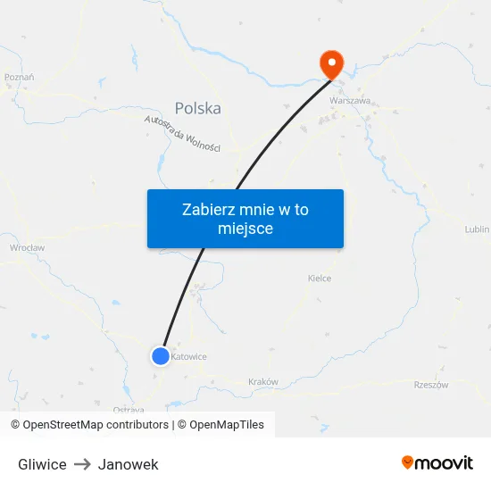 Gliwice to Janowek map