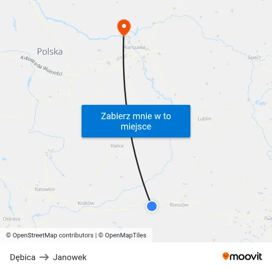 Dębica to Janowek map