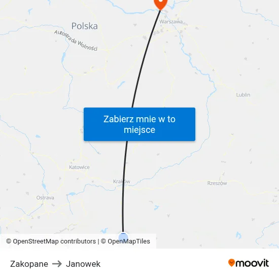Zakopane to Janowek map