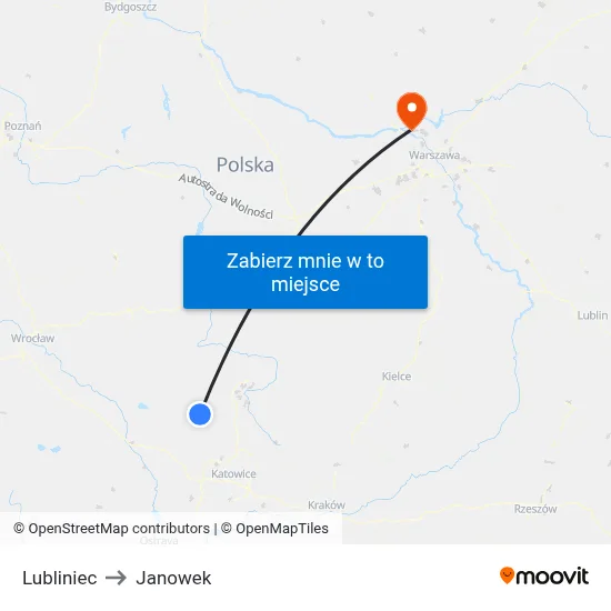 Lubliniec to Janowek map