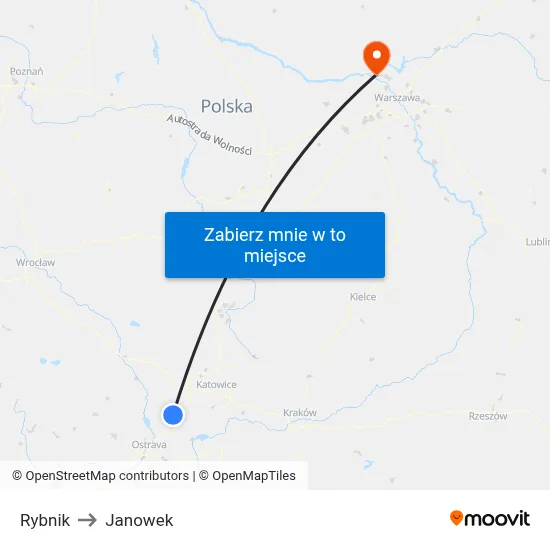 Rybnik to Janowek map