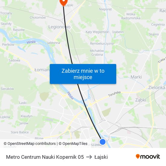 Metro Centrum Nauki Kopernik to Łajski map