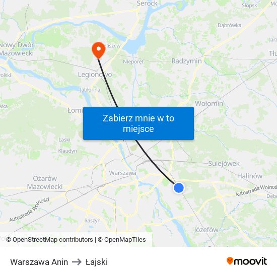 Warszawa Anin to Łajski map