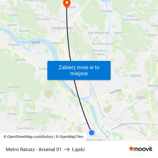 Metro Ratusz - Arsenał 01 to Łajski map