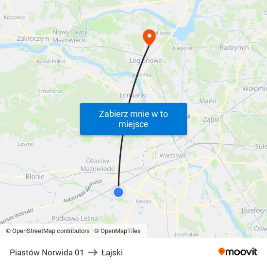 Piastów Norwida to Łajski map