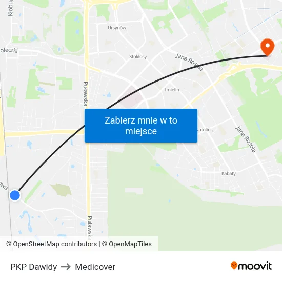 PKP Dawidy to Medicover map