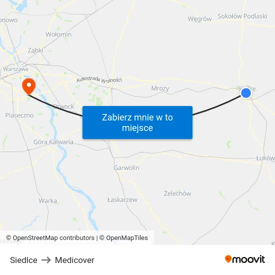 Siedlce to Medicover map