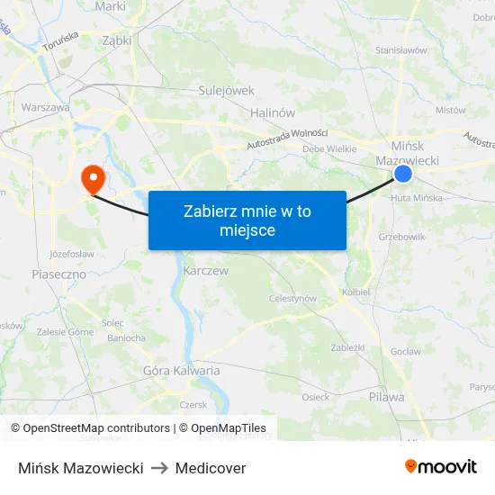 Mińsk Mazowiecki to Medicover map