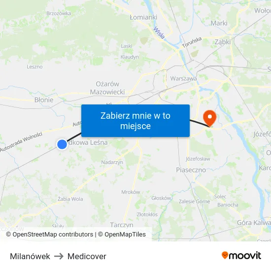 Milanówek to Medicover map