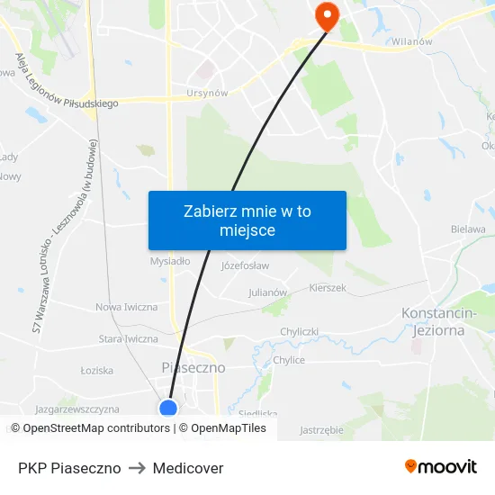 PKP Piaseczno to Medicover map