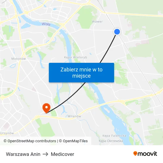 Warszawa Anin to Medicover map