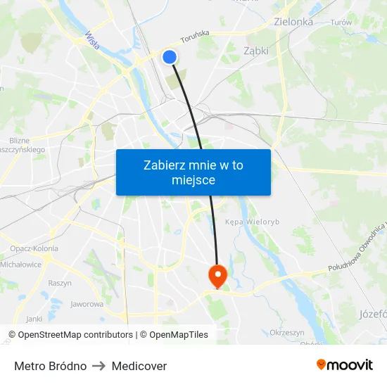 Metro Bródno to Medicover map