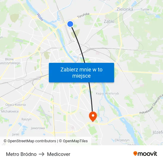 Metro Bródno to Medicover map
