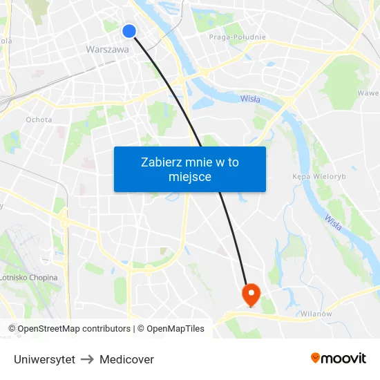 Uniwersytet to Medicover map